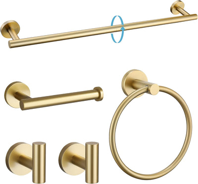 Sumerain SUS304 Roestvrij Staal 5-delige Badkamer Accessoires Set, Wandgemonteerde 24 Inch Handdoekhouder Set, Ronde Badkamer Accessoires Kit, Geborsteld Goud