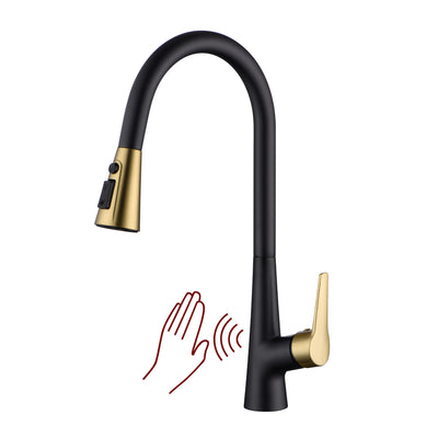 sumerain Handsfree touchless keukenkraan, enkele hendel, zwart en goud, bewegingssensor, uittrekbare keukenkraan