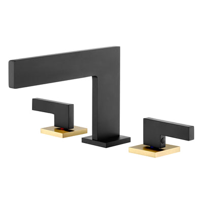 Sumerain Wijdverspreide Waterval Badkamerkraan 3 Gaten 2 Grepen 8 Inch Wastafelkastkraan, Zwart en Goud Badkamer Wastafelkraan met Aansluitslangen