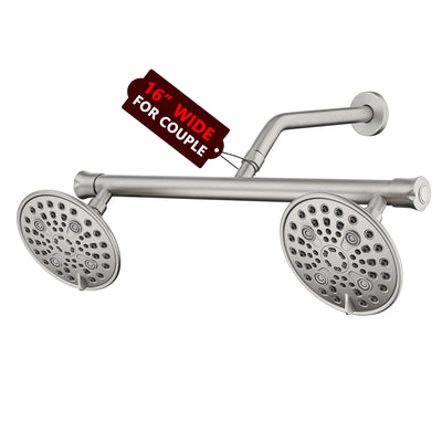 sumerain Dubbele Douchekop Combinatie Set voor Stellen, Geborsteld Nikkel Hoge Druk 6 Spray Instellingen Douchekop, 20 Inch Lange Douchearm