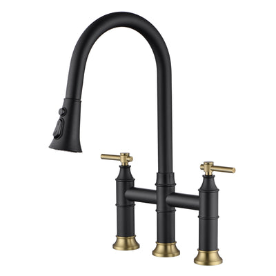 SUMERAIN brugkeukenkraan met uittrekbare sproeier 2-greeps 3-gats keukenkraan 8 inch centerset zwart & goud