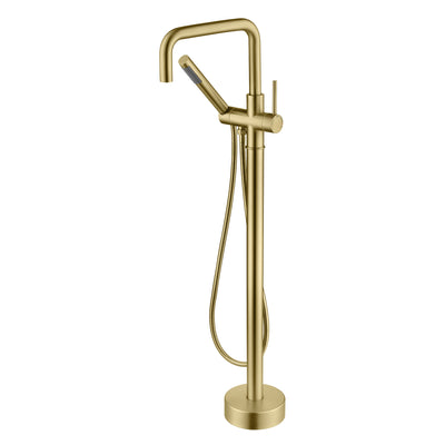 sumerain Vrijstaande badkraan met handdouche, geborsteld goud, vloermontage, messing, enkele hendel, hoge doorstroming