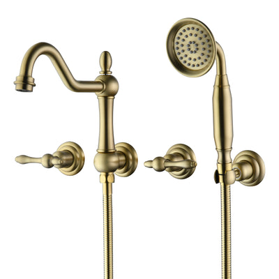 SUMERAIN Wandgemonteerde badkraan met handdouche, geborsteld gouden traditionele badkraan, inbouwventiel inbegrepen
