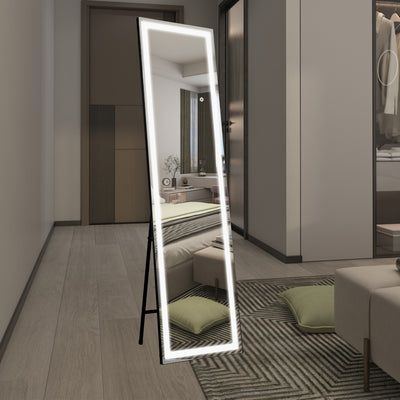 SUMERAIN Volledige Lengte Spiegel met LED Verlichting, Verlichte Vloerspiegel met Dimmer & 3 Kleurverlichting, Standaard voor Slaapkamer, Kleedkamer, Zwart Frame, Onbreekbaar Gehard Glas, 60"x16"