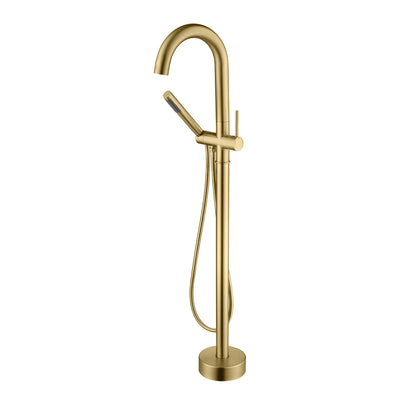 sumerain Messing vrijstaande badkuipkraan met handdouche, hoge doorstroming geborsteld gouden badkamer vloerstaande badvuller kraan met draaibare uitloop