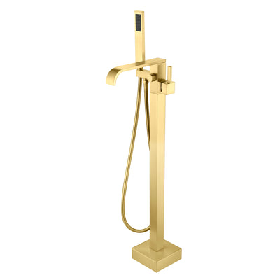 SUMERAIN Geborsteld gouden vrijstaande badkraan met handdouche, moderne messing waterval vloermontage badvuller kraan, hoge doorstroming