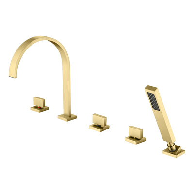SUMERAIN Geborsteld Gouden 5-Gats Romeinse Badkuip Kraan met 3 Knoppen, Luxe Waterval Badkuip Kraan met Handdouche, Hoge Doorstroming