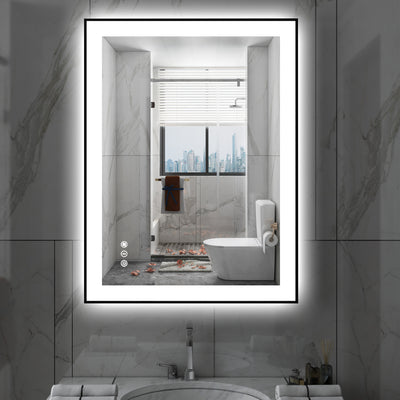 Sumerain 28"x36" Slimme Anti-Damp LED Badkamerspiegel met Verlichting, Zwart Gekaderde Badkamer Wandspiegel met Voorlicht & Achterverlichting, 3 Kleurtemperaturen, Traploos Dimmen