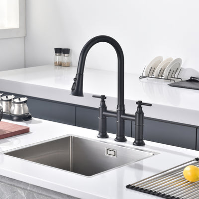 SUMERAIN Bridge Kitchen Faucet with Pull Down Sprayer Matte Black 3 Hole 2 Handle Kitchen Sink Faucet Stainless Steel