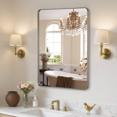 Sumerain Wall Mounted Bathroom Vanity Mirror, Brushed Silver Aluminum Frame, 20x30 Inch Rounded Rectangle Mirror