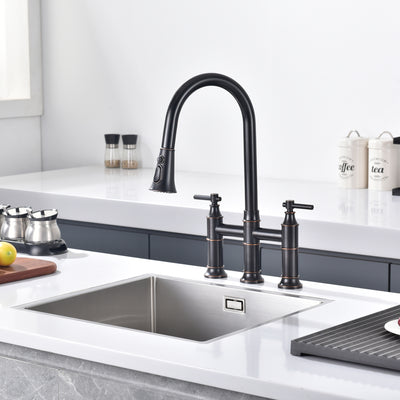 SUMERAIN Bridge Kitchen Faucet with Pull Down Sprayer, 3 Hole Kitchen Sink Faucet 2 Handle 8 Inch Faucet for Kitchen Sink Stainless Steel Oil Rubbed Bronze