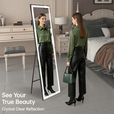 Sumerain Volledige Lengte Spiegel met LED Verlichting, 67"x20" Vloerspiegel met Dimmer & 3 Kleurverlichting, Hoge Volledige Lichaam Spiegel voor Slaapkamer, Kleedkamer, Kapstokruimte, Zwart Frame