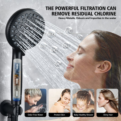 SUMERAIN Hard water filter douchekop met 9 sproeistanden, KDF filtratie & vitamine C huidverzorging 3-maanden vervangingsfilter voor Californië/Texas/Illinois, mat zwart