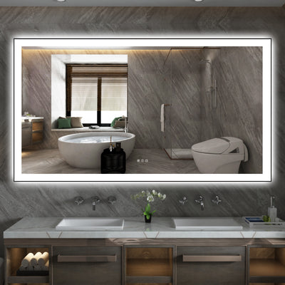 Sumerain 72 x 40 Inch LED Badkamer Make-up Spiegel met Verlichting, Zwart Aluminium Frame Voor- en Achterverlicht Grote Muurspiegel, Anti-Damp, Traploos Dimmbaar 3 Kleurverlichting, Geheugenfunctie, Gehard Glas