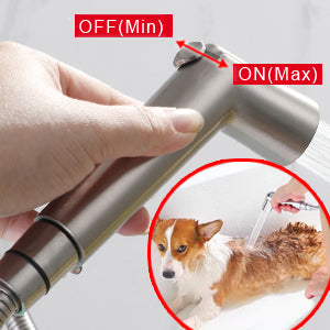 SUMERAIN Honden Douche Accessoire, Huisdier Douchekop voor Honden en Katten, Massieve Messing Douchearm Omsteller en Stroomregelende Spuit, 8 Voet Extra Lange Slang, Geborsteld Nikkel Afwerking