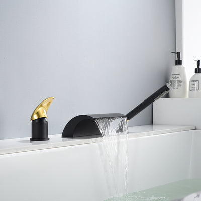 SUMERAIN waterval Romeinse badkraan opbouw badkraan messing badvuller met handdouche, zwart en goud afwerking