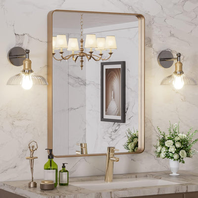 Sumerain Gouden Wandgemonteerde Badkamerspiegel, Afgeronde Rechthoekige Gouden Spiegelrand, Roestvrije Badkamer Spiegel, Horizontaal of Verticaal te Hangen