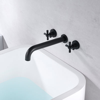 SUMERAIN Wall Mount Tub Filler Matte Black Bathtub Faucet High Flow Two Cross Handles with Rough in Valve, Extra Long Spout