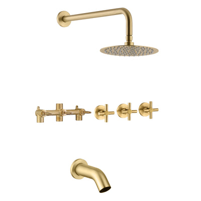 3-knops geborsteld gouden bad- en douchekraanset met waterval baduitloop
