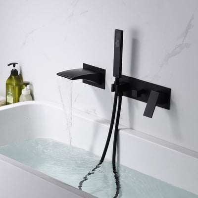 Mat zwart wandmontage badkranen, waterval badvuller uitloop met handdouche