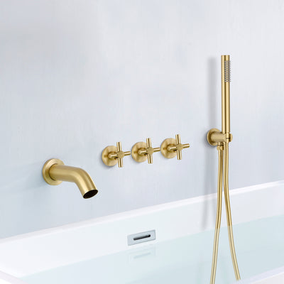 Geborsteld gouden waterval wandmontage badkraan met handdouche en inbouwventiel