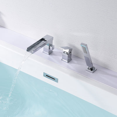 Waterval Romeinse badkraan met handdouche, 3 gaten badkraan met doucheomsteller chroom afwerking