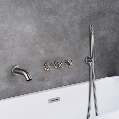 3-greeps wandmontage badkraan met sproeier, waterval badkraan geborsteld nikkel