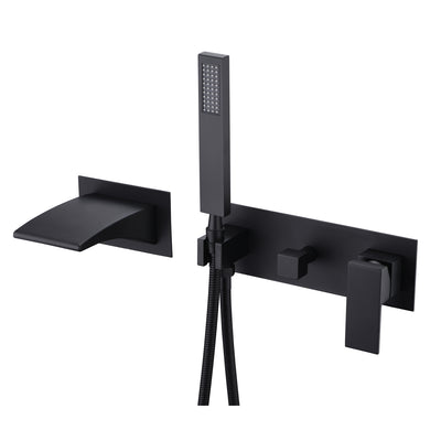 Mat zwart wandmontage badkranen, waterval badvuller uitloop met handdouche