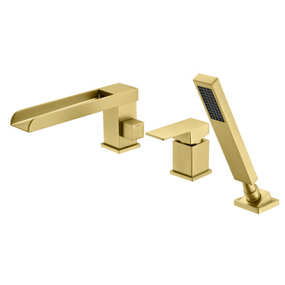 3-gats geborsteld gouden waterval badkuipkraan met handdouche en klep  