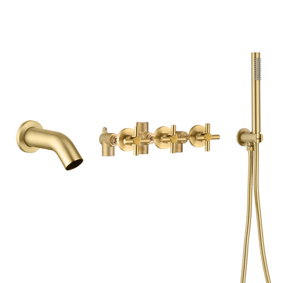 Geborsteld gouden waterval wandmontage badkraan met handdouche en inbouwventiel