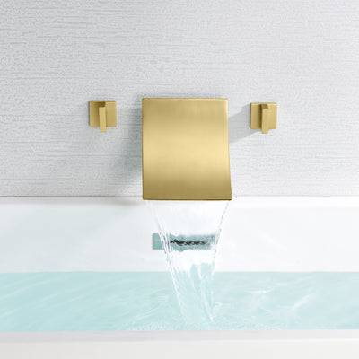 Hoge doorstroom waterval badkuipkraan wandmontage, geborstelde gouden afwerking