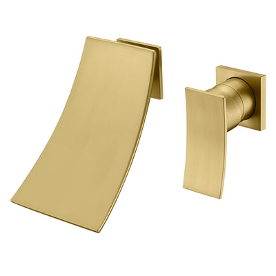 Geborsteld gouden wandmontage badkuipkraan met watervaluitloop