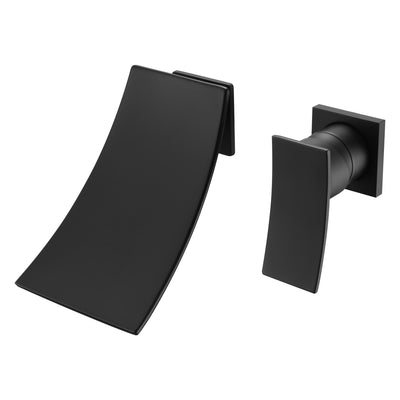 Matte zwarte wandmontage badkraan met messing inbouwventiel en watervaluitloop