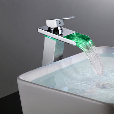 Enkelgat badkamer wastafelkraan met waterval LED kleurveranderende uitloop