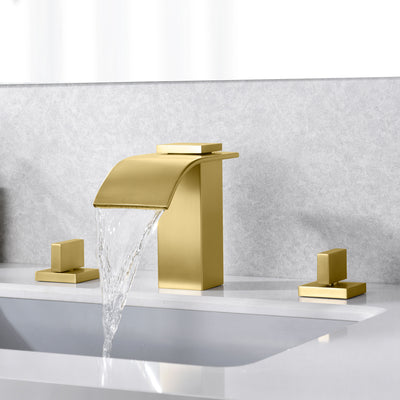 Geborsteld gouden waterval badkamerkraan 3-gats 8 inch brede verspreiding  