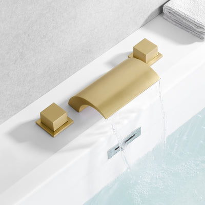 Badkamer Romeinse badkuipkraan met watervaluitloop, 3-gats dekmontage badkuipvuller geborsteld goud