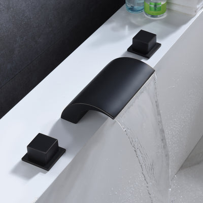 Dek gemonteerde matzwarte Romeinse badkuipkraan, extra hoge doorstroom waterval badkuipkraan