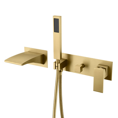 Geborsteld gouden wandmontage badkraan met handdouche, watervaluitloop met sproeier en ventiel