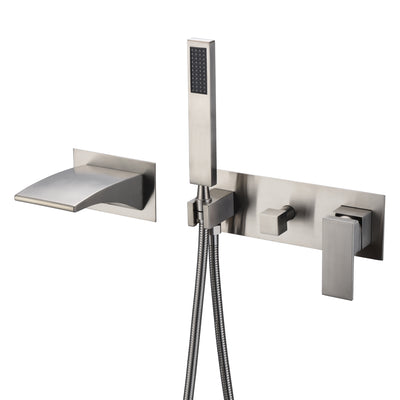 Wandmontage badvuller geborsteld nikkel met watervaluitloop en handdouche