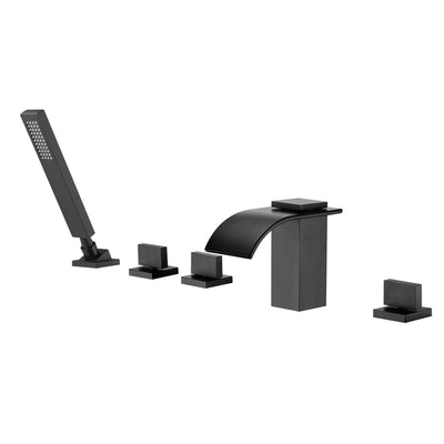 Opbouw matte zwarte Romeinse badkraan met watervaluitloop voor hoge doorstroming