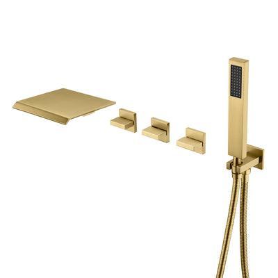 Wandgemonteerde badkuipkraan met sproeier en inbouwklep, geborstelde gouden afwerking