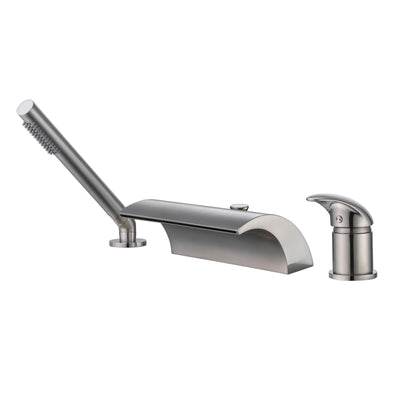 3-gats opbouw omsteller badkraan met handdouche en watervaluitloop, geborsteld nikkel