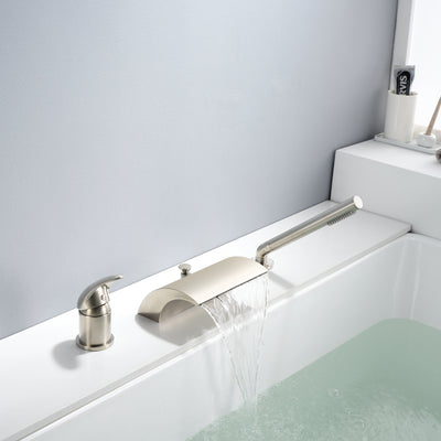 3-gats opbouw omsteller badkraan met handdouche en watervaluitloop, geborsteld nikkel