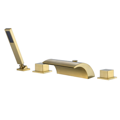 Opbouw omsteller badkraan, hoge doorstroming waterval baduitloop met handdouche geborsteld goud afwerking