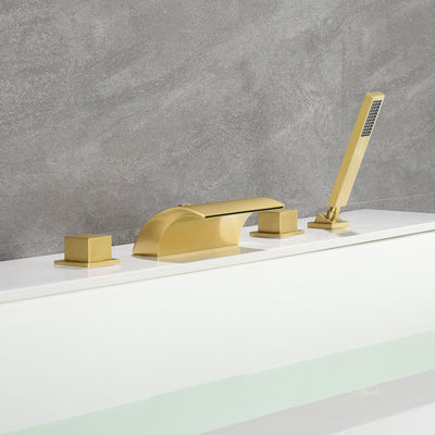 Opbouw omsteller badkraan, hoge doorstroming waterval baduitloop met handdouche geborsteld goud afwerking