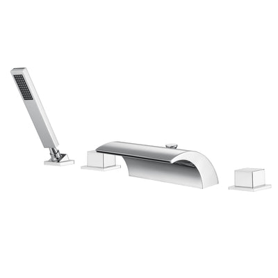 Dubbele hendel hoge doorstroming waterval Romeinse badkraan met omsteller en handdouche, chroom afwerking