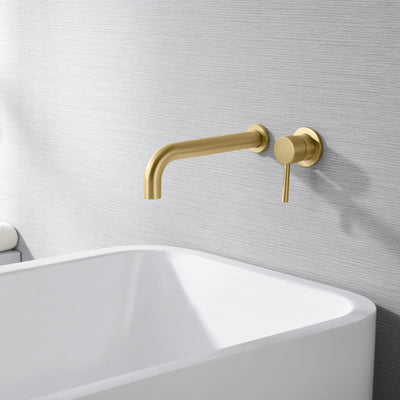 Hoogdebiet geborsteld gouden wandmontage badkraan met extra lange uitloop, klep inbegrepen