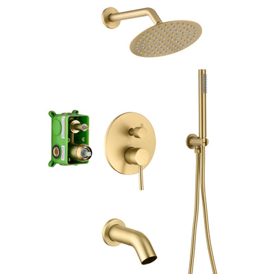 Geborsteld gouden douchesysteem met badkraan en handdouche, klep inbegrepen