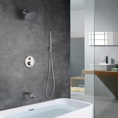 Geborsteld nikkel douchesysteem met waterval badkraan, 8 inch regendouche en handdouche inbegrepen