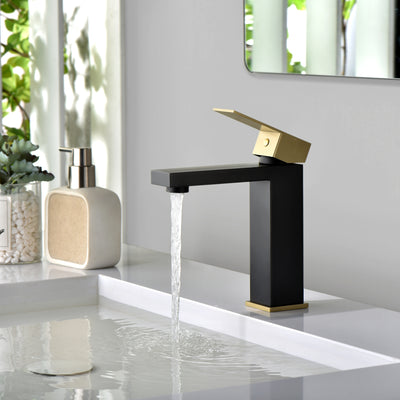sumerain Bathroom Sink Faucet Black and Gold Bathroom Faucet 304 Stainless Steel Single Handle Single Hole